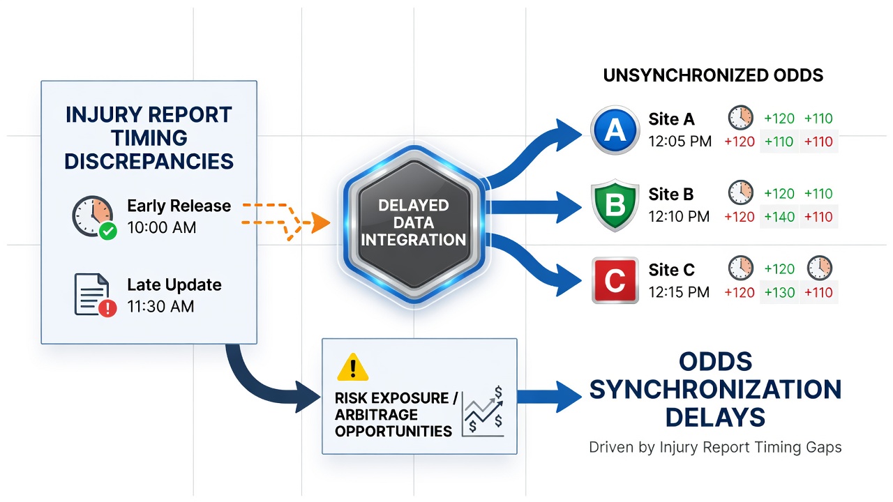 Diagram illustrating injury report release timelines across major sports leagues and their correlation with betting odds updates on multiple platforms