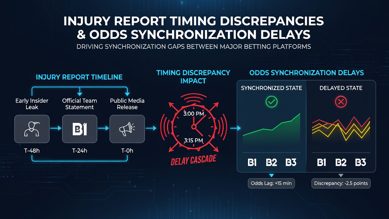 Timeline graph showing odds movement delays on three major betting platforms following an NFL injury report release in 2026