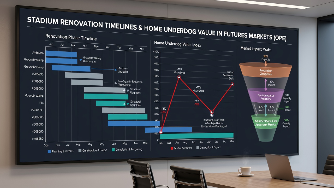 Betting terminal screen displaying futures odds for home underdogs with stadium renovation notes overlaid