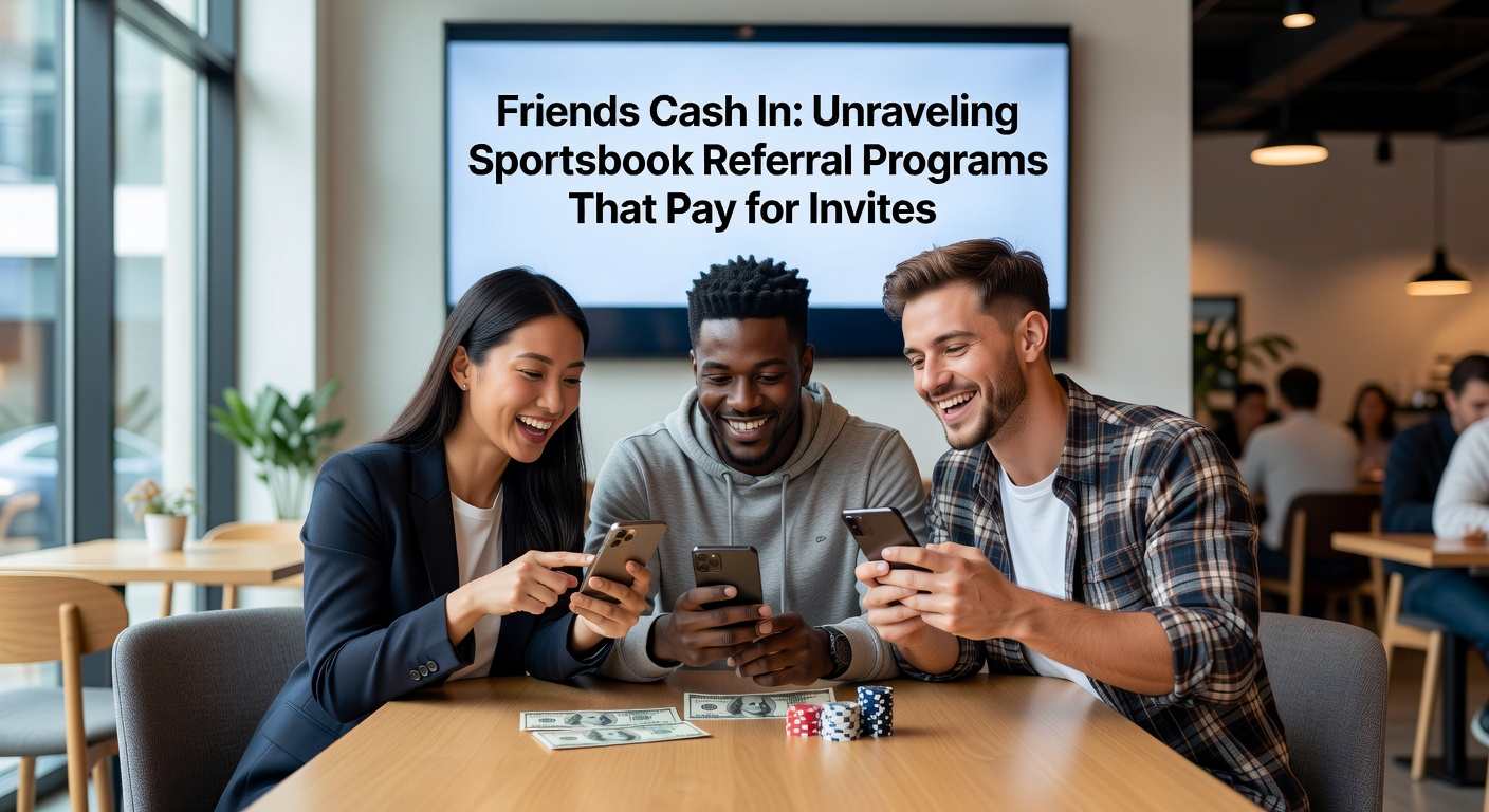 Group of friends celebrating a successful referral bonus payout on a sportsbook app, with cash icons and betting slips in the background