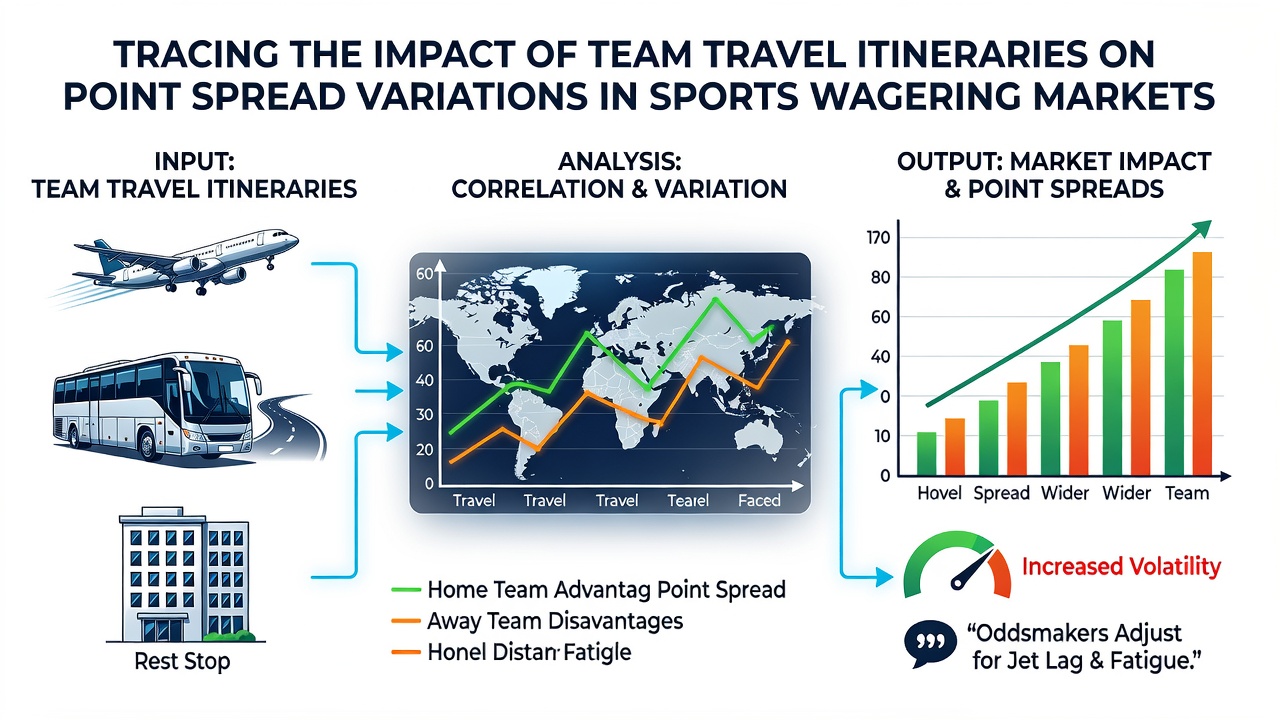 Chart showing point spread variations linked to team travel distances and recovery periods in sports wagering