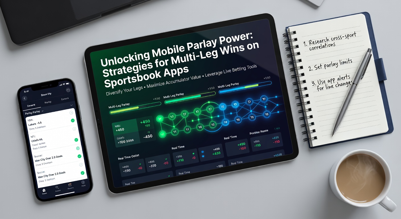 Dynamic mobile screen displaying a multi-leg parlay bet with NBA, MLB, and NFL options highlighted on a sportsbook app