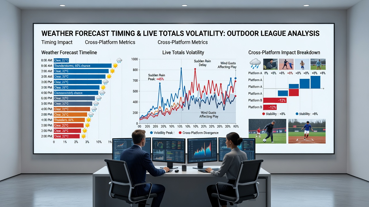 Live betting interface displaying shifting totals lines alongside real-time weather data overlays