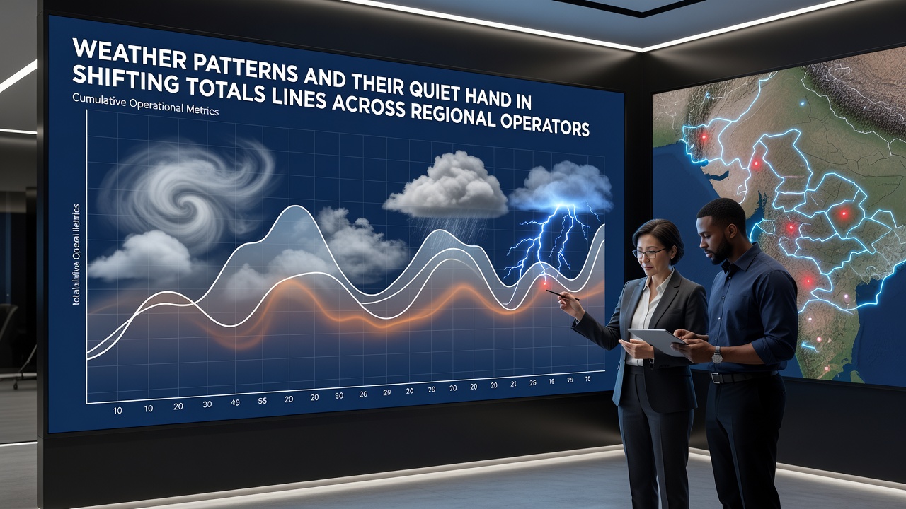Regional betting operators reviewing weather maps and adjusting totals lines on digital dashboards