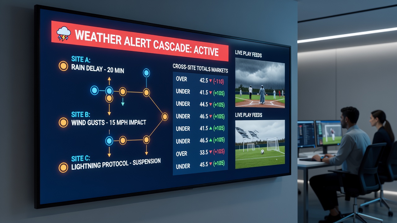 Split-screen view of a live sports broadcast with overlaid weather alert icons and synchronized betting app screens displaying shifting totals odds